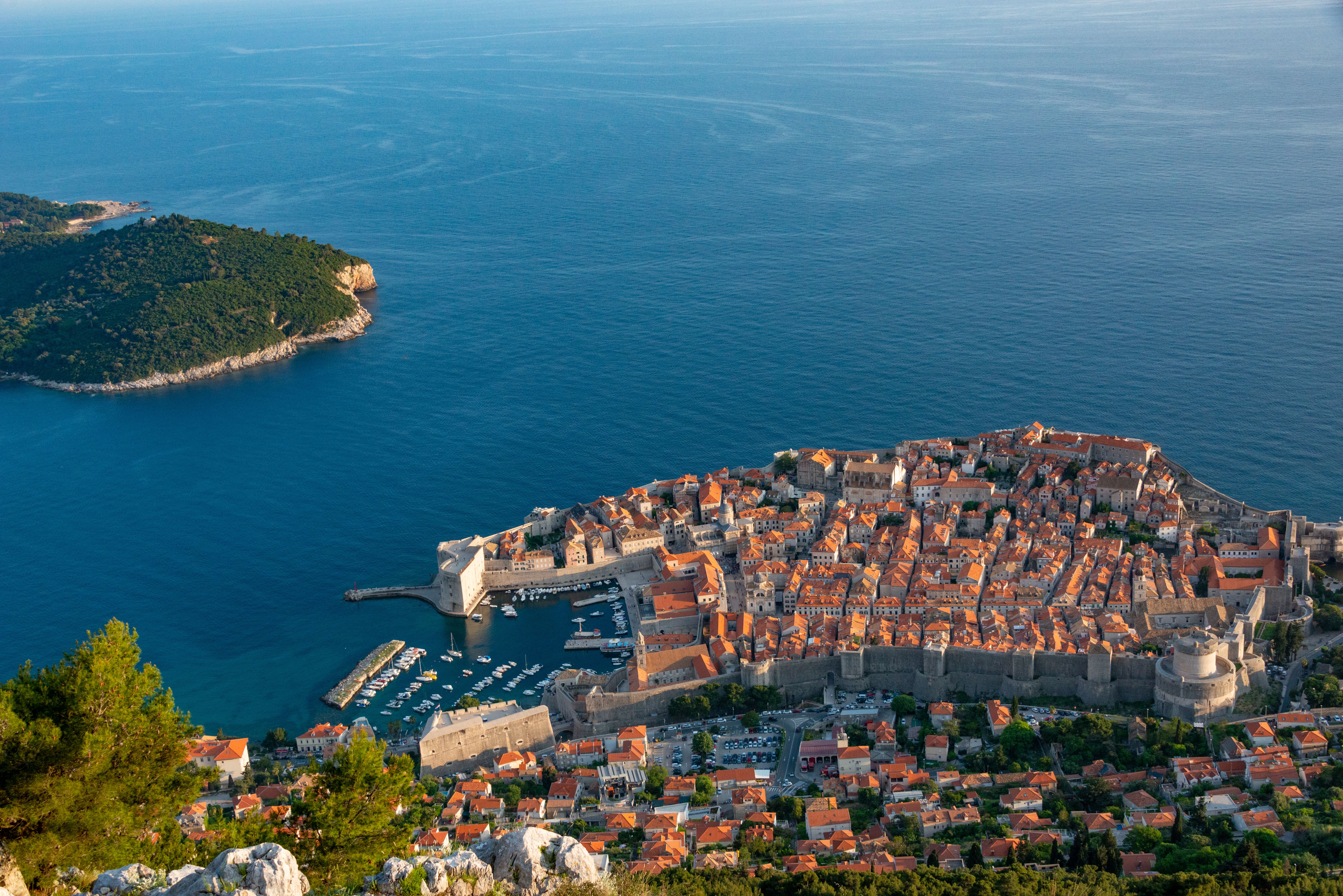 Orebić beach with the town of Korčula visible across the channel