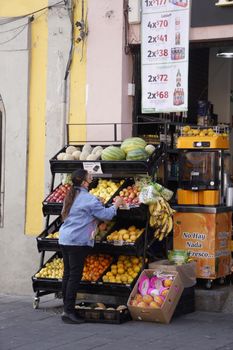 A woman in a denim jacket shops for fresh fruits at an outdoor market stall.