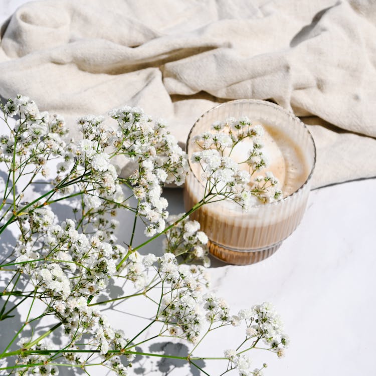 White Buds And Creamy Drink On Blanket