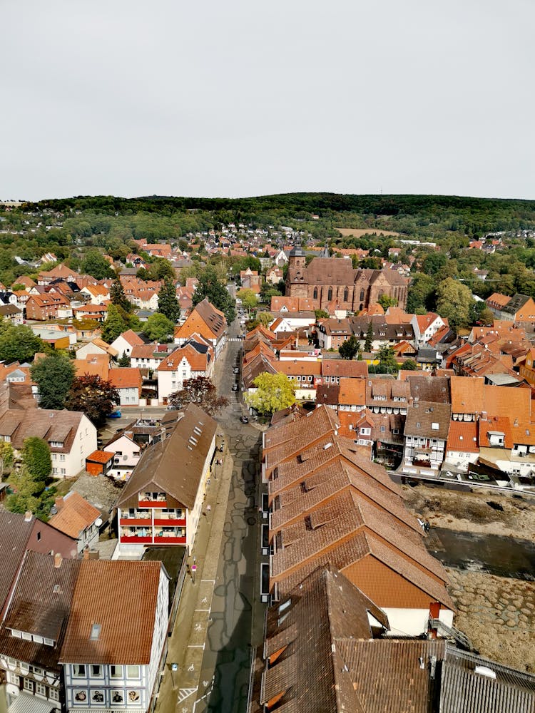 Aerial View Of A Street And Houses In City 