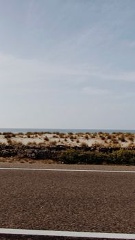 A tranquil road beside a desert landscape under a clear blue sky, perfect for travel themes.