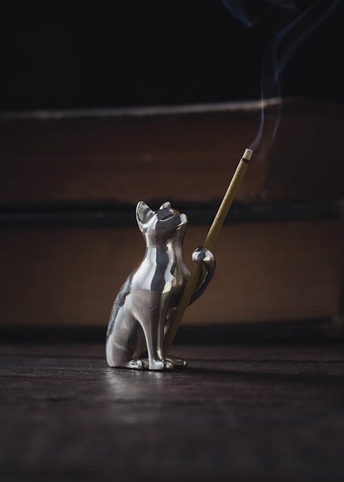 Close-up of a Silver Incense Stick Holder in a Shape of a Cat