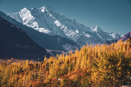 Free Breathtaking view of snowcapped mountains and vibrant autumn foliage under clear blue sky. Stock Photo