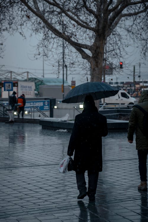 Person with Umbrella Walking on Sidewalk