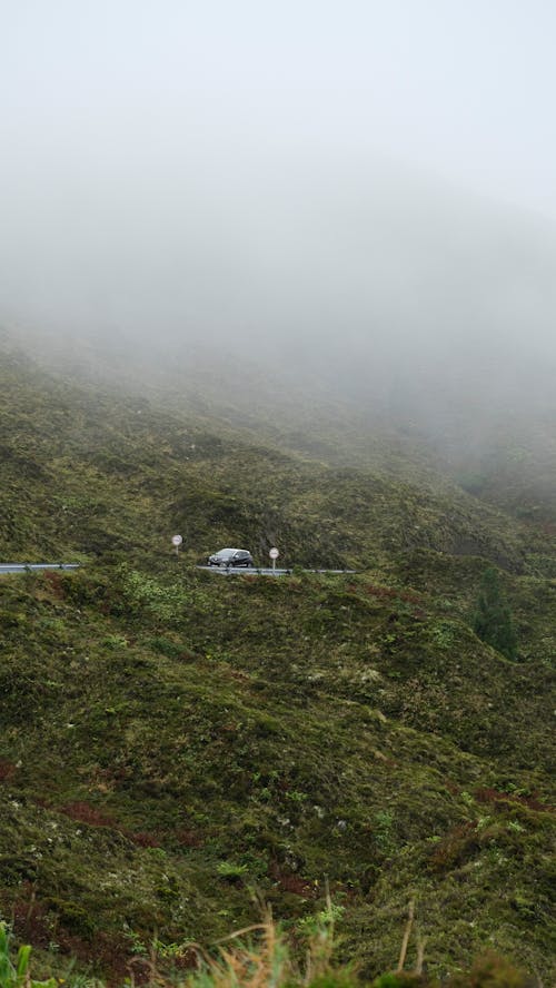 Car Running on Foggy Mountain Road