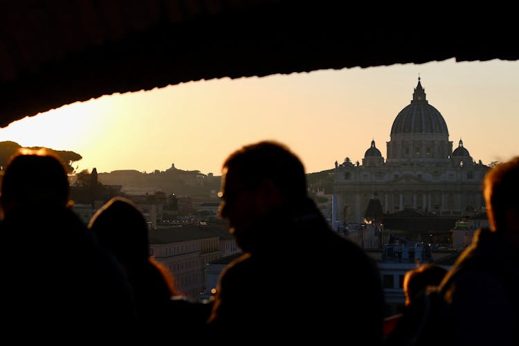 Silhouettes Of People Standing On Platform With View Of Vatican City, Rome, Italy