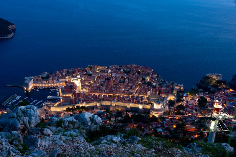 Night view of Dubrovnik old town from Mount Srđ