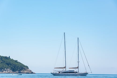 Clear Sky over Motor Yacht with Masts