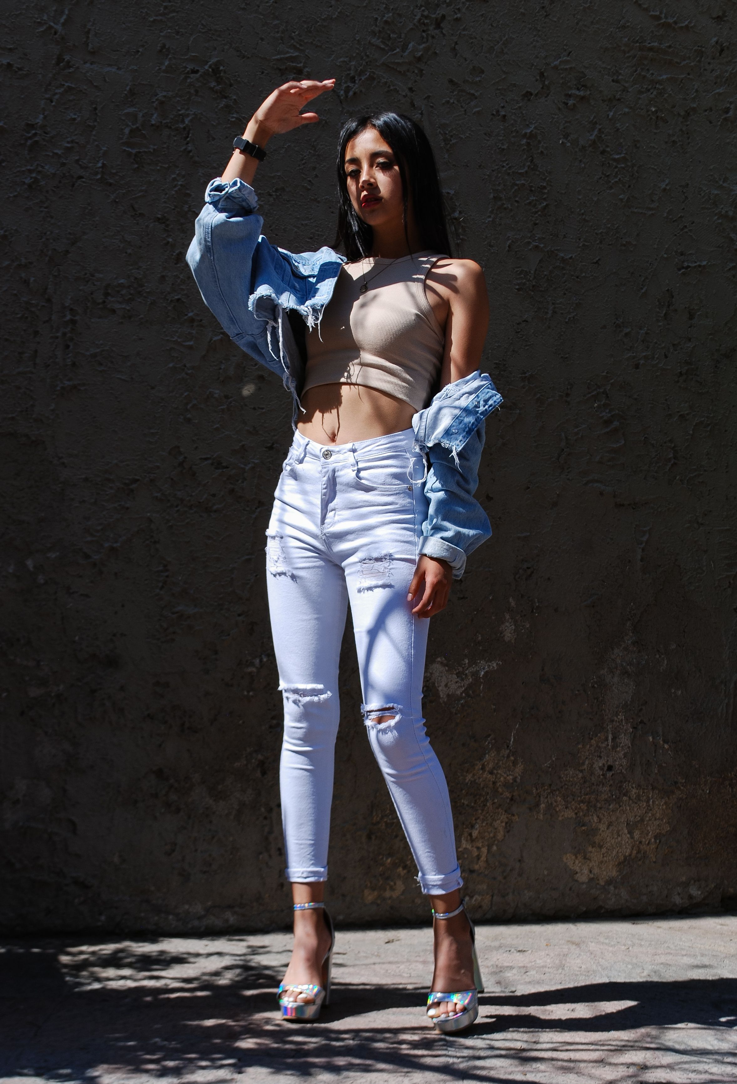 White ripped jeans with denim jacket