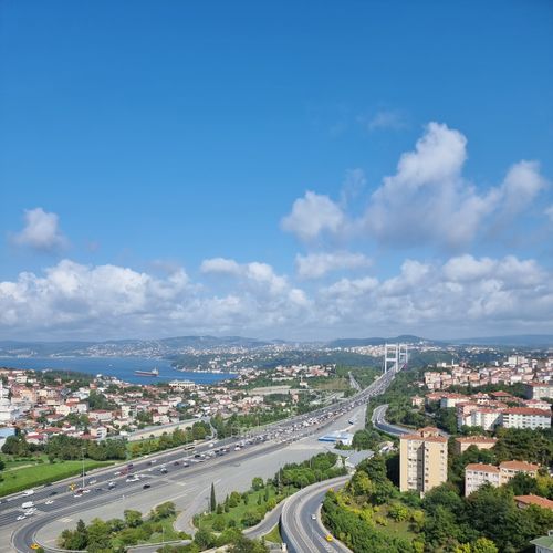 Free Aerial shot of Istanbul's Bosphorus Bridge and surrounding cityscape on a clear day. Stock Photo