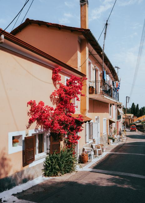 Picturesque street with vibrant bougainvillea in Kerkyra, Greece, showcasing Mediterranean architecture.