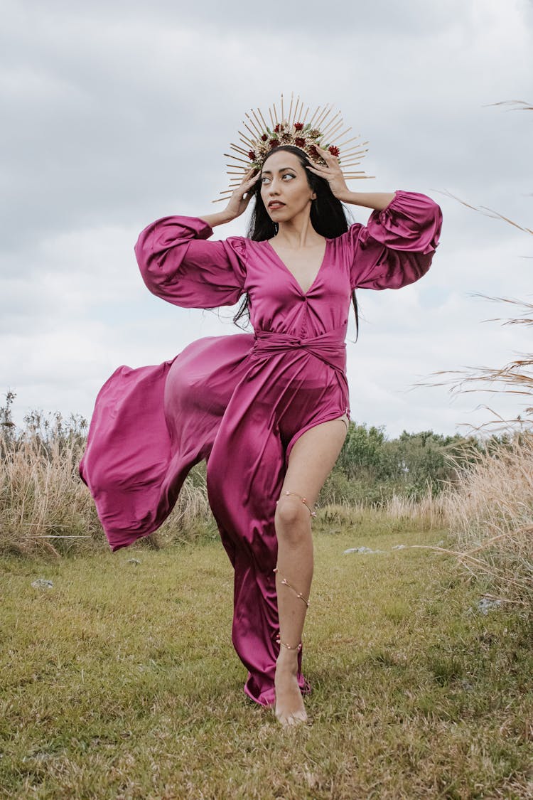 Woman In Wreath And Pink Dress