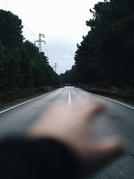 A hand reaching out towards a forest road on an overcast day, lined with tall trees.