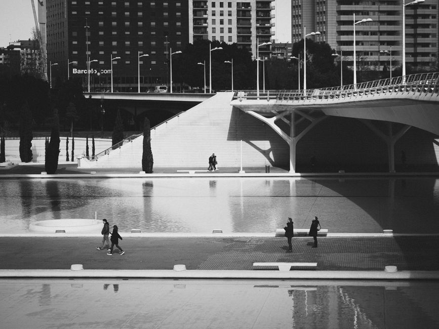 Black and white view of Valencia's urban landscape featuring a modern bridge and canal.