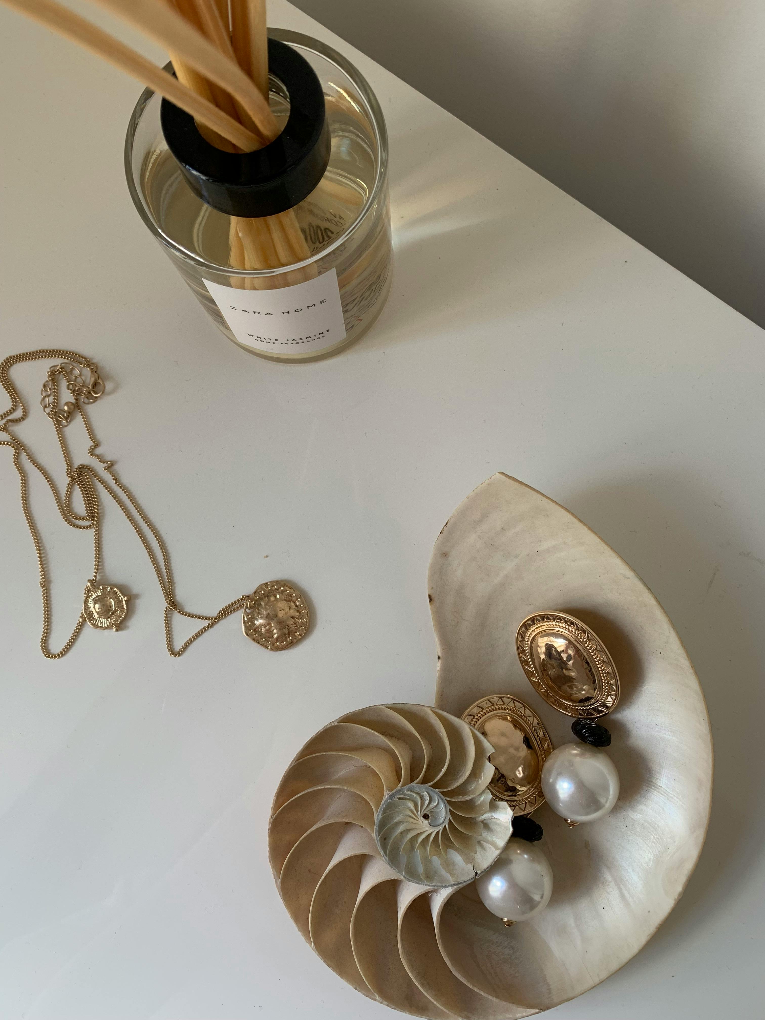 Still life of elegant jewelry arranged in a nautilus shell, showcasing refined decoration.