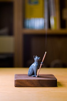 Cat figurine incense holder releasing smoke, set on a wooden base in a calm, indoor environment.