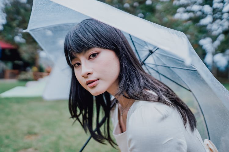 Young Woman With A See-through Umbrella In A Park 