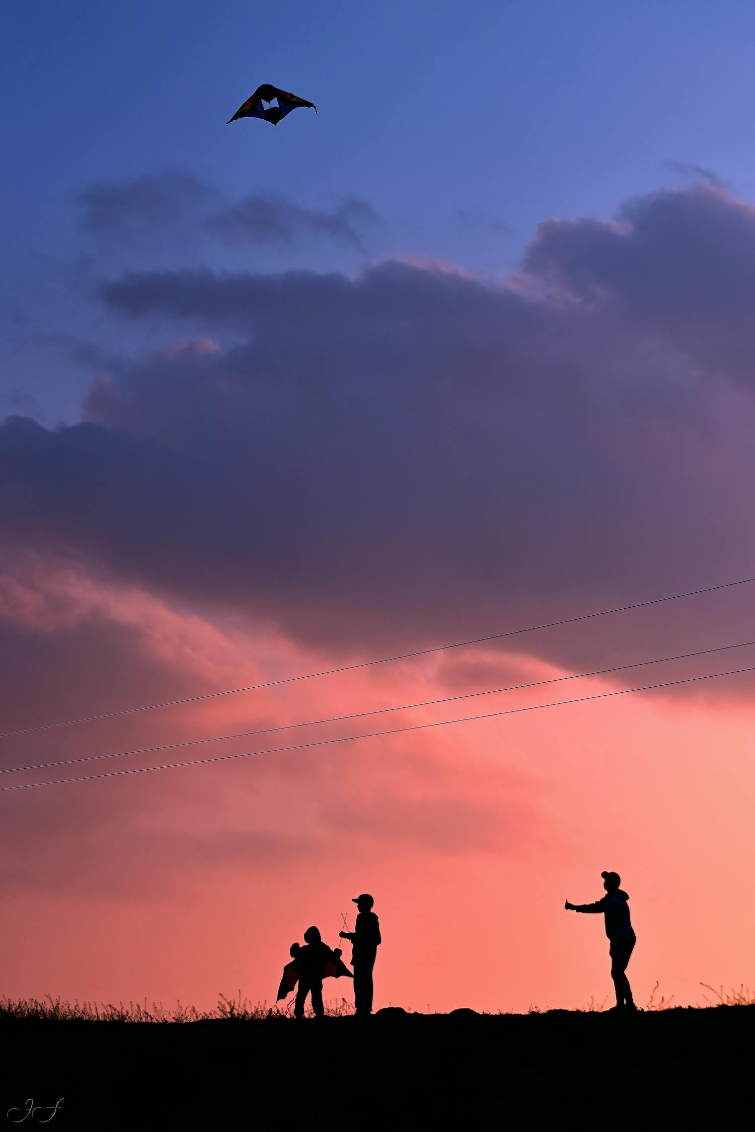 Silhouette Of People Flying A Kite During Golden Hour