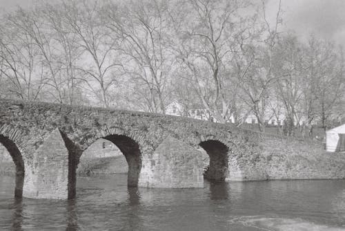 Black and White Picture of a Stone Arch Bridge 
