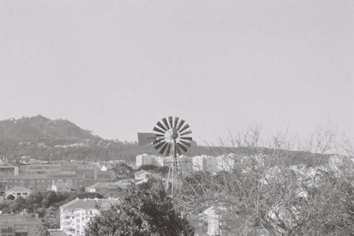 Windmill over Town in Black and White