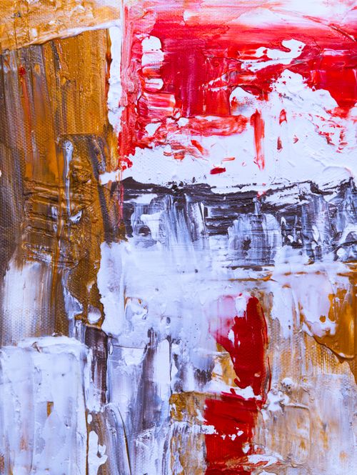 Free Colorful abstract acrylic painting with vivid red, white, and gold strokes. Stock Photo