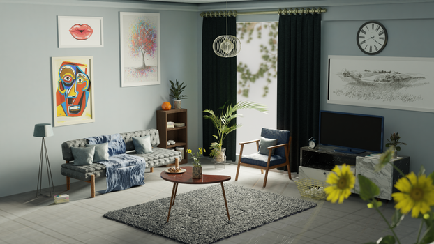 A stylish modern living room featuring colorful art, elegant furniture, and natural lighting.