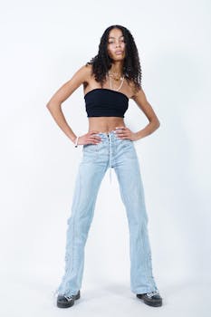 A woman confidently poses in casual fashion, wearing a black tube top and light jeans on a white background.