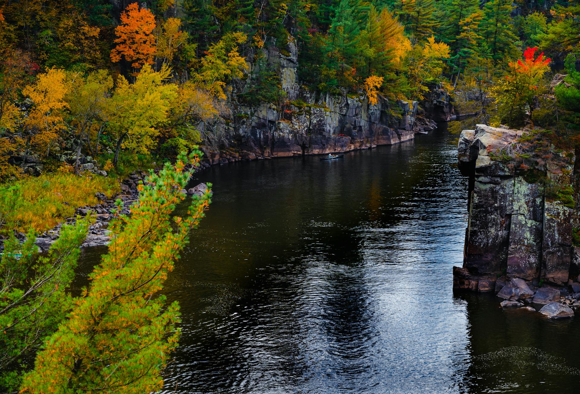 View of the St. Croix River and Autumnal Trees in the Interstate Park on the Minnesota - Wisconsin Border, USA