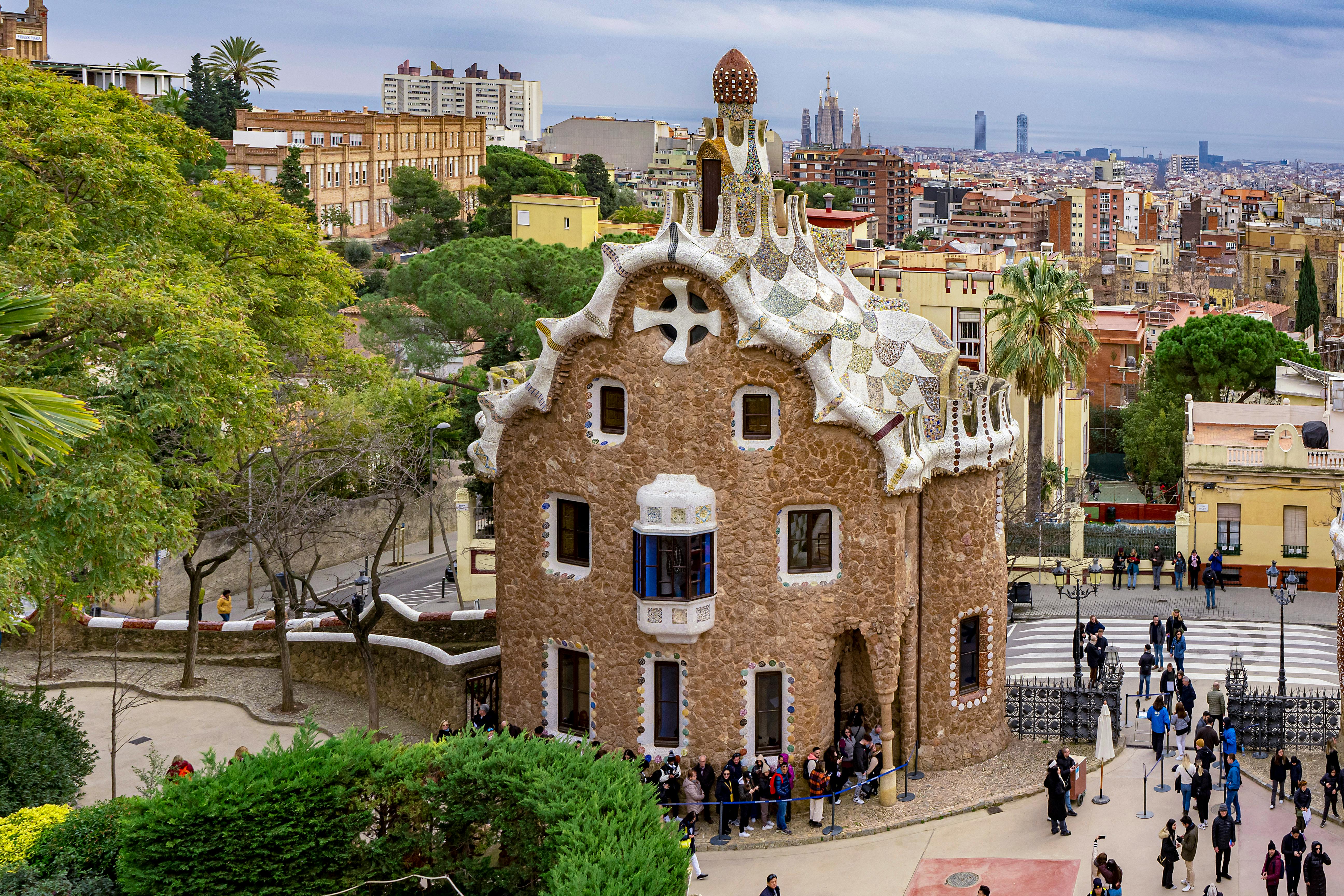 building at the entrance to the park guell in barcelona catalonia spain