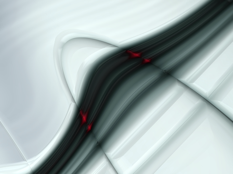 A modern, minimalist abstract design with smooth curves and striking red accents.