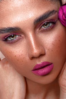 Intense close-up portrait showcasing vibrant pink makeup, expressive eyes, and a floral accessory.