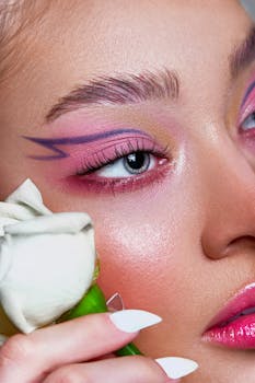 Close-up shot of a woman with vibrant makeup holding a white rose near her face.