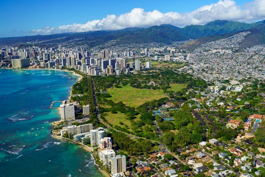 Stunning aerial shot of Honolulu skyline and turquoise waters of Waikiki Beach, Hawaii.