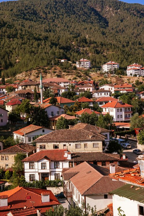 Free Charming aerial view of a small mountain town with red roofs amidst greenery, captured in summer. Stock Photo