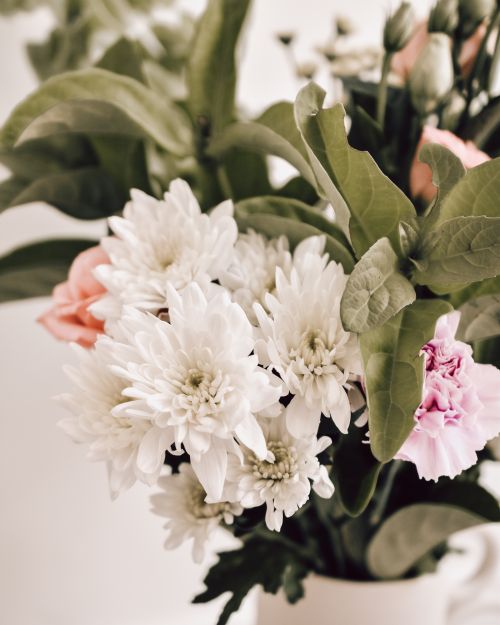 Free Close-up of a beautiful bouquet with white chrysanthemums and vibrant greenery, perfect for decor. Stock Photo