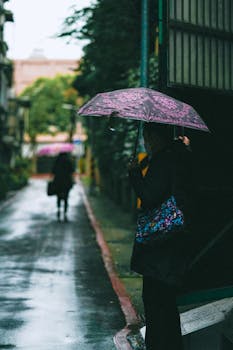 Moody urban scene with people under umbrellas on a rainy street.