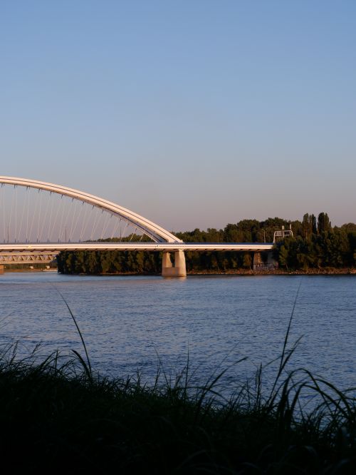 Free A contemporary arch bridge stretches over a peaceful river bordered by lush forests during sunset. Stock Photo