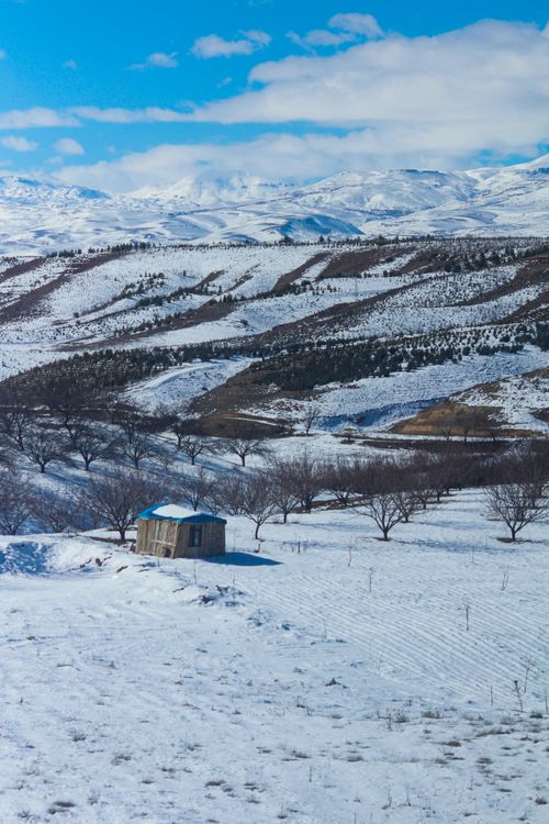 Free A tranquil winter scene featuring snowy hills and a solitary wooden hut against a blue sky. Stock Photo