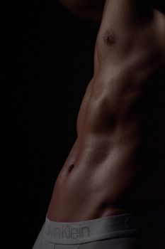 Close-up of a shirtless, muscular torso highlighting defined abs and skin tones.
