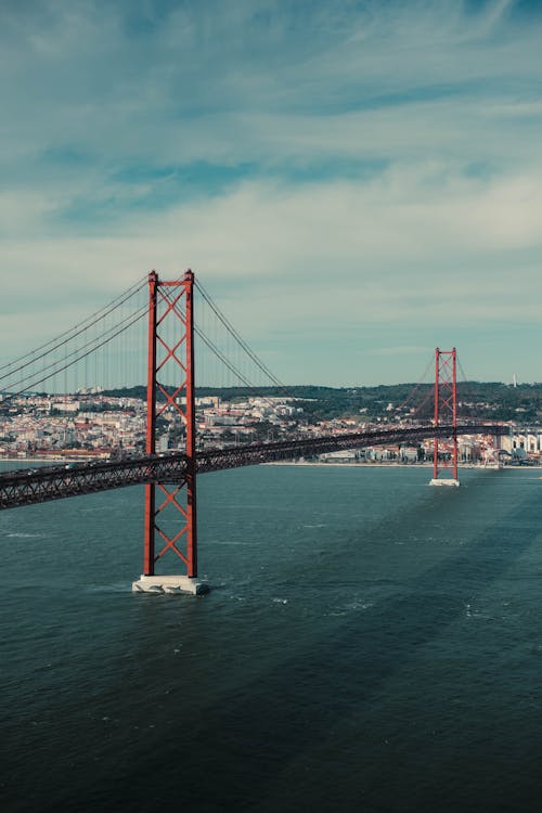 Aerial View of the 25 de Abril Bridge Connecting Lisbon and Almada in Portugal 