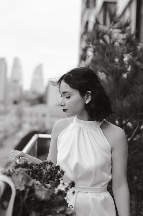 Woman in White Dress in Black and White