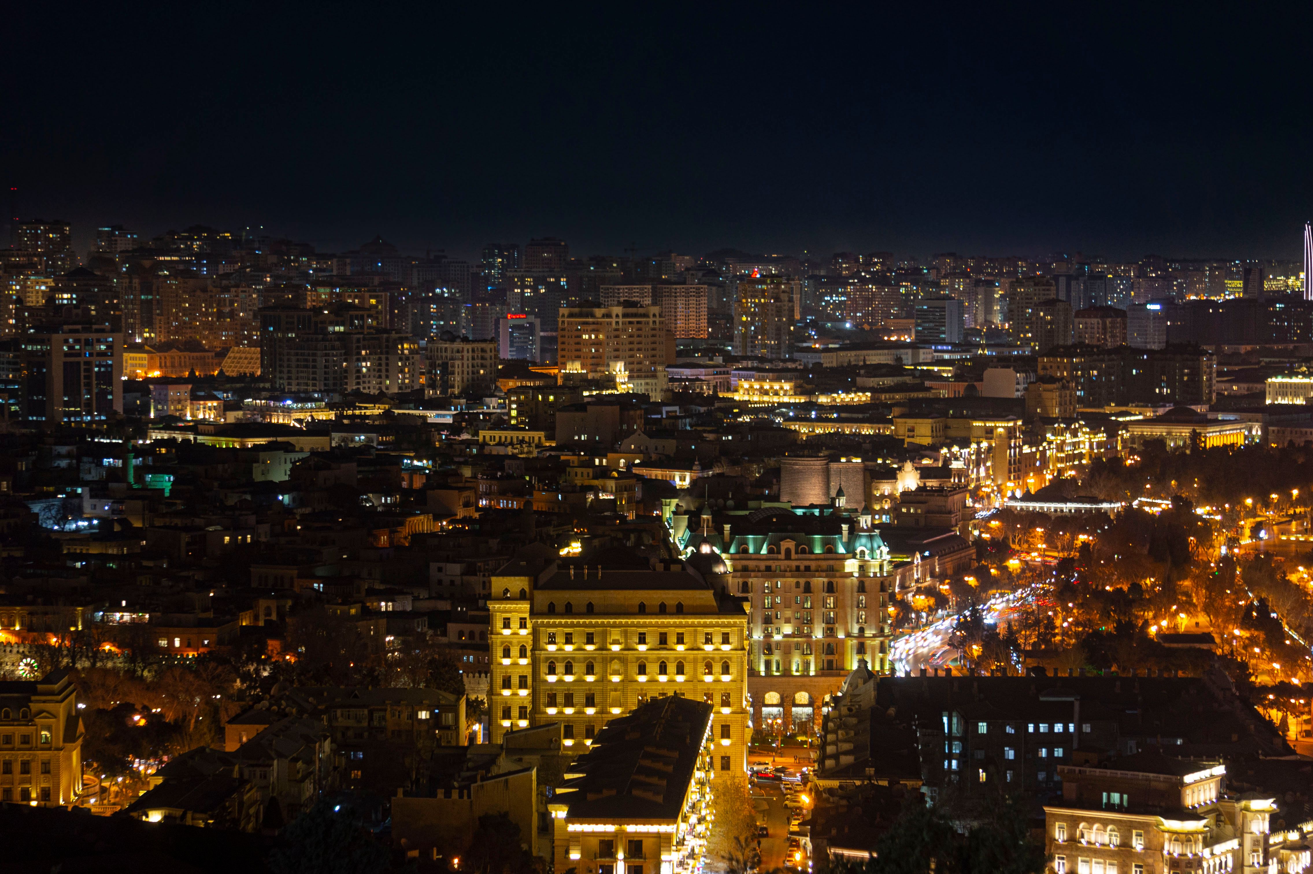 Breathtaking view of Baku at night, featuring the city's illuminated skyline and vibrant urban lights.