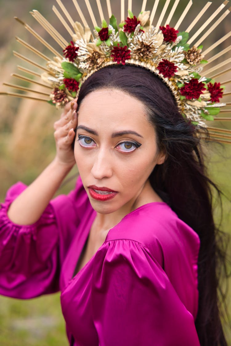 Portrait Of A Long-Haired Fashion Model Wearing A Wreath Crown