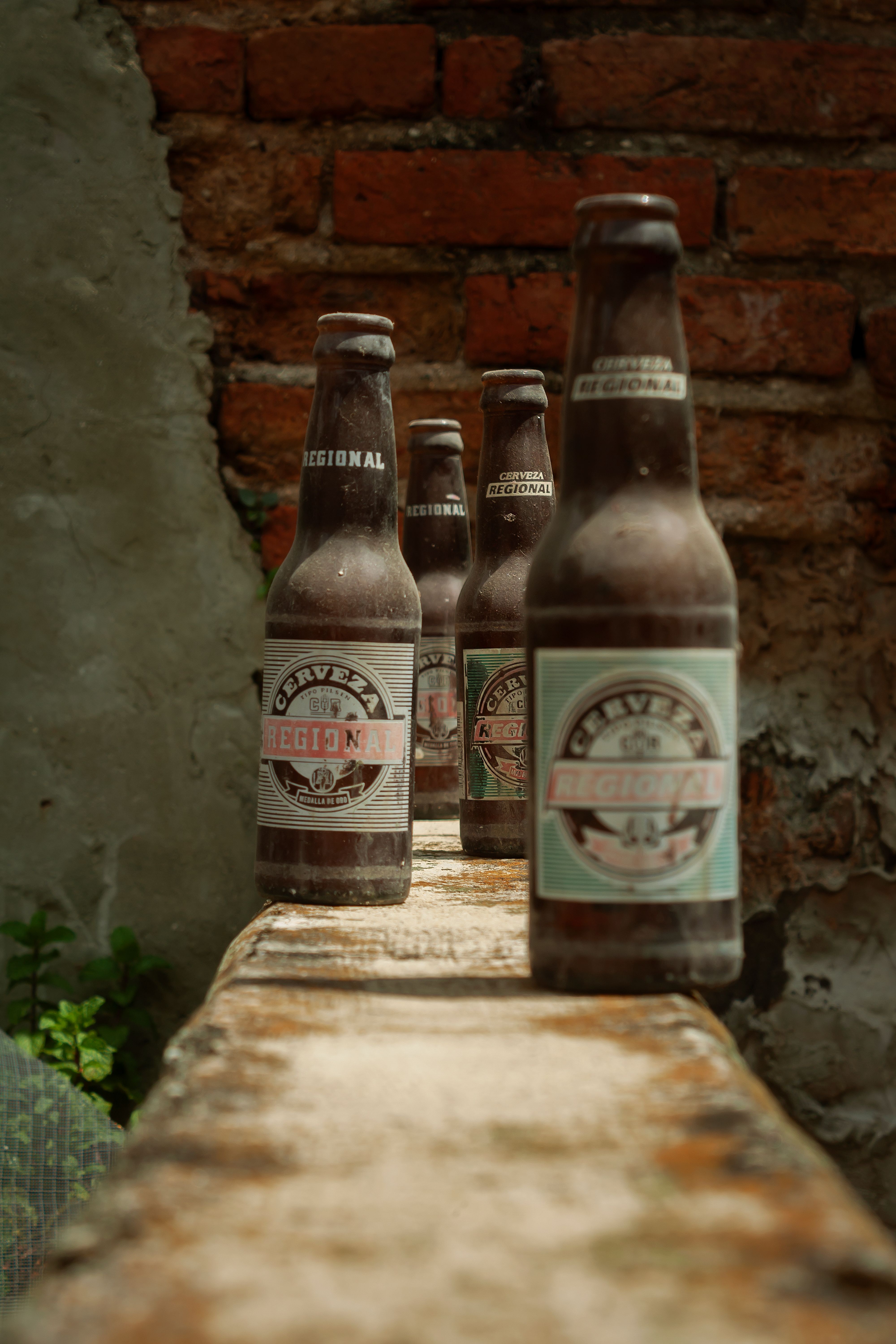 Close-up of four beer bottles on a rustic ledge with a brick wall background in Mérida, Venezuela.