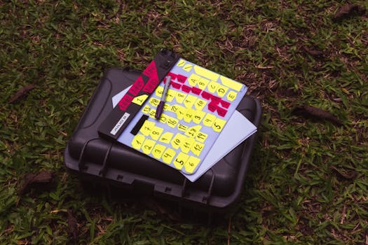 A close-up of a film production slate and suitcase on a grassy lawn.
