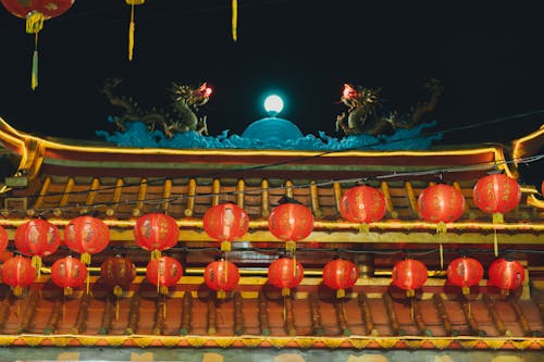 Close up of Decorated Temple Wall at Night