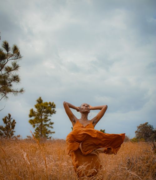 Free A woman in a flowing dress poses with hands on head in a windy meadow under an overcast sky. Stock Photo