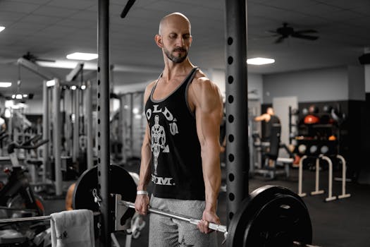 A muscular adult man lifts a barbell at the gym, demonstrating strength and focus.