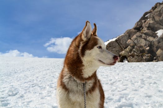 A Siberian Husky stands in a snowy landscape, showcasing its thick fur coat against a bright winter sky.