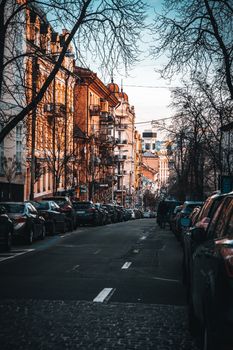 Beautiful urban street in Kyiv, Ukraine featuring parked cars, buildings, and a serene atmosphere.